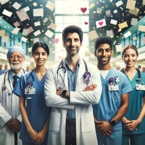 DALL·E 2023 11 08 13.17.22 An inspiring image that symbolizes support for healthcare workers. The scene includes a diverse group of healthcare professionals standing together u